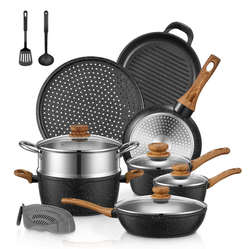 Pots and Pans Set with Lids 15 PCS, Aluminum Nonstick Induction Cookware Sets,w/Frying Pans, Saucepans, Stock Pot, Pizza Pan, Griddle Pan, and Food Steamer, Silicone Food Strainer EasyOptionXY LLC