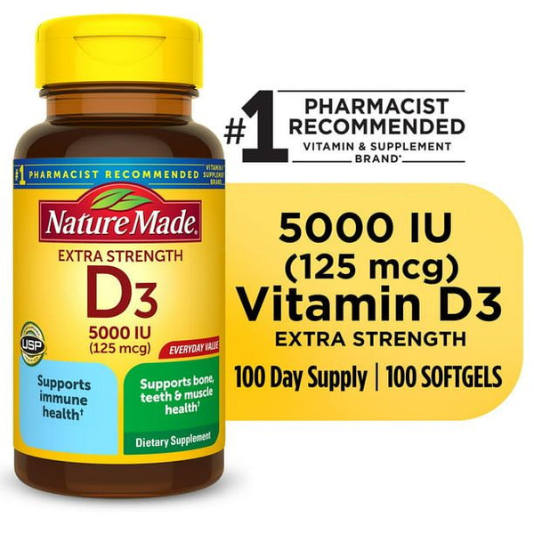 Nature Made Extra Strength Vitamin D3 5000 IU Softgels; 125 mcg; 100 Count EasyOptionXY LLC