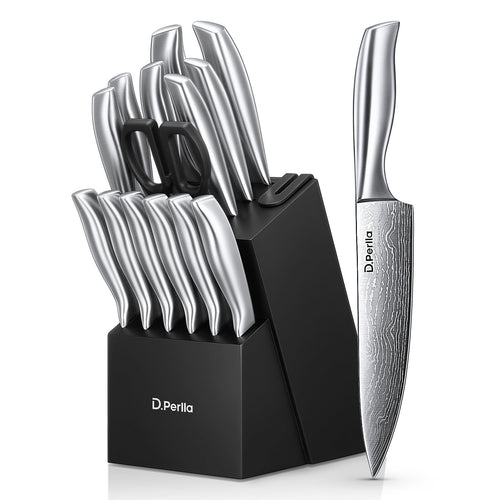 D.Perlla Knife Set , 15 Pieces Stainless Steel Hollow Handle Kitchen Cutlery Set with with Built in Knife Sharpener Block EasyOptionXY LLC