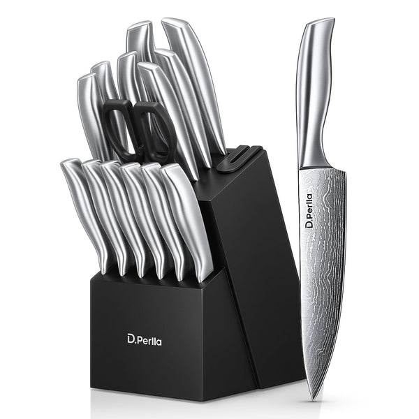 D.Perlla Knife Set , 15 Pieces Stainless Steel Hollow Handle Kitchen Cutlery Set with with Built in Knife Sharpener Block EasyOptionXY LLC