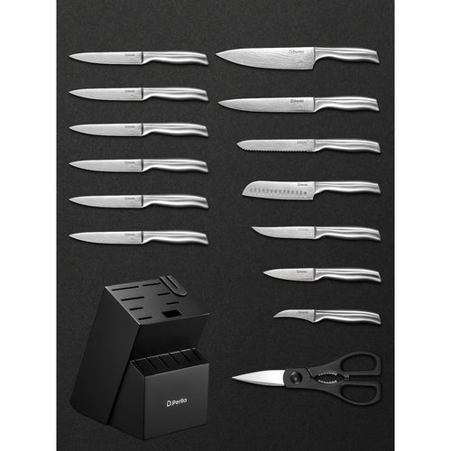 D.Perlla Knife Set , 15 Pieces Stainless Steel Hollow Handle Kitchen Cutlery Set with with Built in Knife Sharpener Block EasyOptionXY LLC