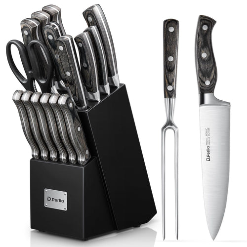 D.Perlla Knife Set, 16 Pieces German Stainless Steel Knife Set with Block and Wooden Handle, Black EasyOptionXY LLC