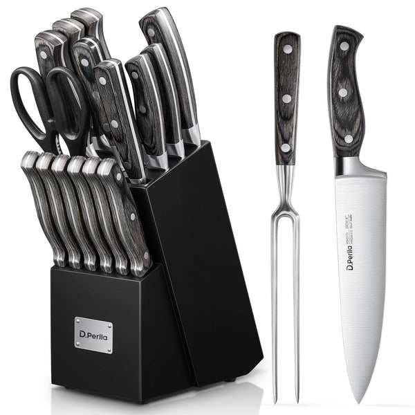 D.Perlla Knife Set, 16 Pieces German Stainless Steel Knife Set with Block and Wooden Handle, Black EasyOptionXY LLC