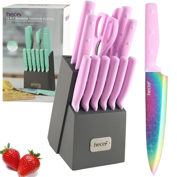 Hecef 14-Piece Kitchen Knife Set with Wooden Block Sharpening Steel, Titanium Coating Rainbow Slicing Chef Knives EasyOptionXY LLC