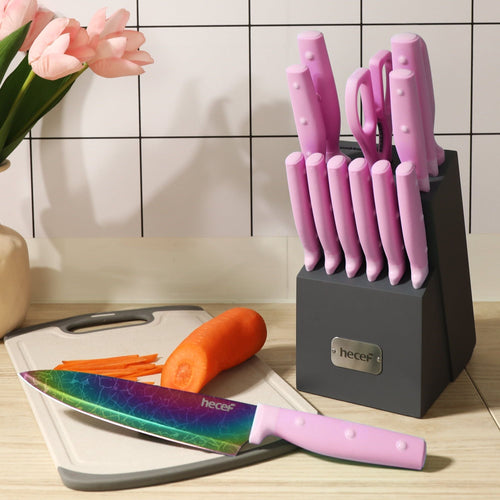 Hecef 14-Piece Kitchen Knife Set with Wooden Block Sharpening Steel, Titanium Coating Rainbow Slicing Chef Knives EasyOptionXY LLC