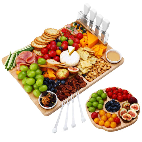 Hecef 17 in Bamboo Cheese Board and Knife Set, 13-Piece Large Charcuterie Serving Tray Platter, for House Warming, Party EasyOptionXY LLC