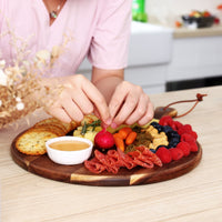 Hecef 12in Round Charcuterie Board with Handle, Acacia Wood Cutting Board Cheese Serving Tray for Pizza Fruits Cheese Bread EasyOptionXY LLC