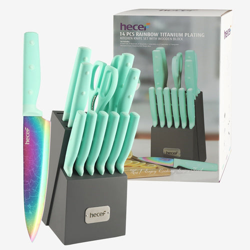 Hecef Dishwasher Safe Knife Block Set, Rainbow Titanium Coated Kitchen Knives Set with Scissors, Steak Knives EasyOptionXY LLC