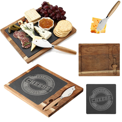Hecef Cheese Board with Removable Black Slate and Cutlery Knife, Charcuterie Serving Platter EasyOptionXY LLC