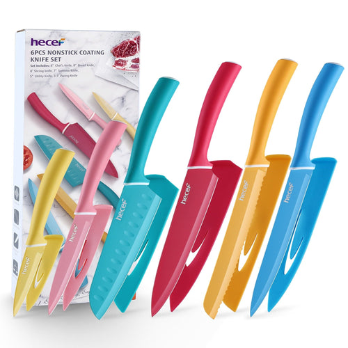 Hecef Kitchen Knife Set, 6-Piece Stainless Steel Colorful Chef Cooking Knives with Sheaths, Ergonomic Handles EasyOptionXY LLC