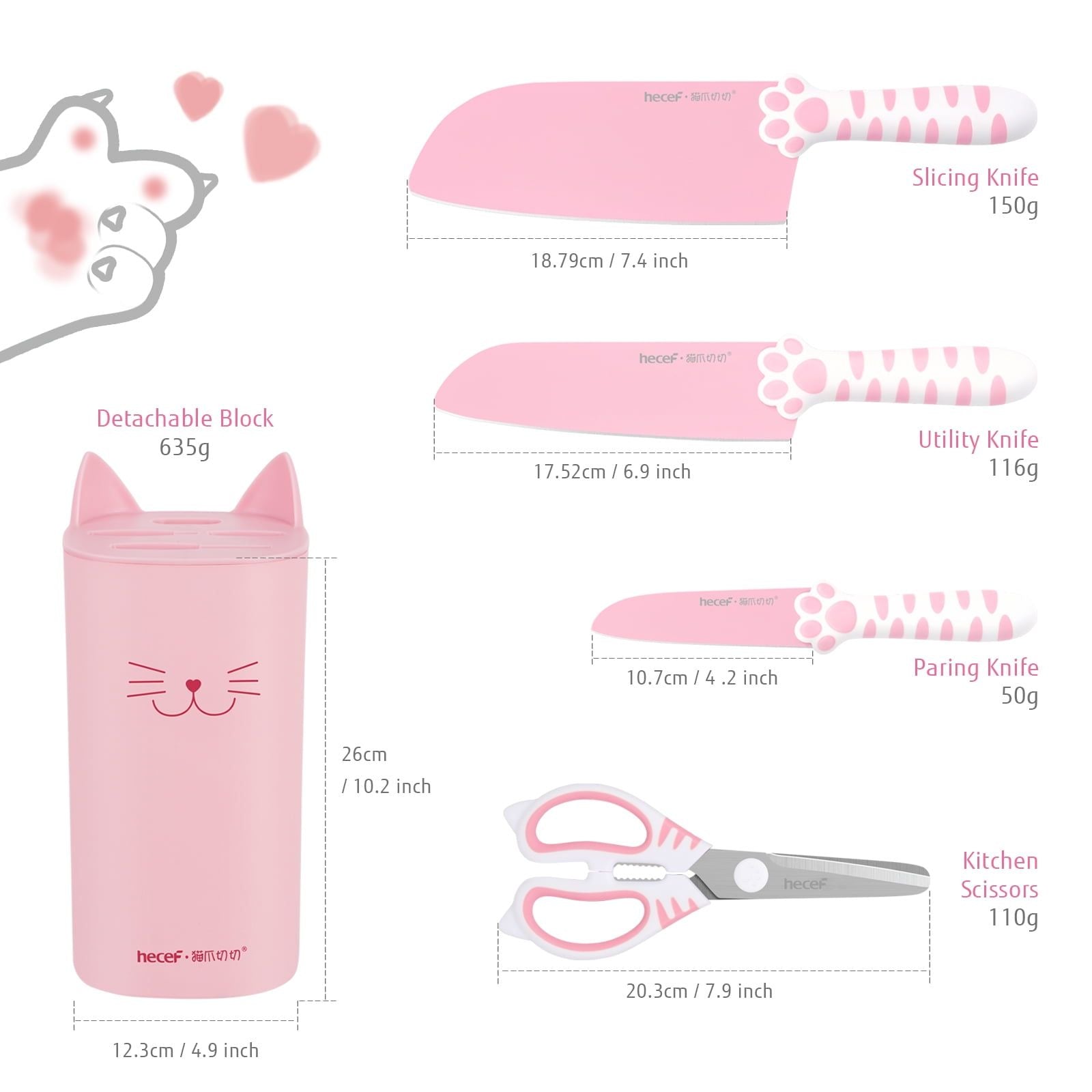 Hecef Cute Kitchen Knife Set with Block Scissors, 5-Piece Pink Cat Claw Sharp Chopping Chef Knives EasyOptionXY LLC