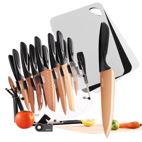 Hecef 25 PCS Kitchen Knife Set with Knife Block, Steak Knives, Cutting Boards, Titanium Plated Anti-Rusting Chef Knife EasyOptionXY LLC