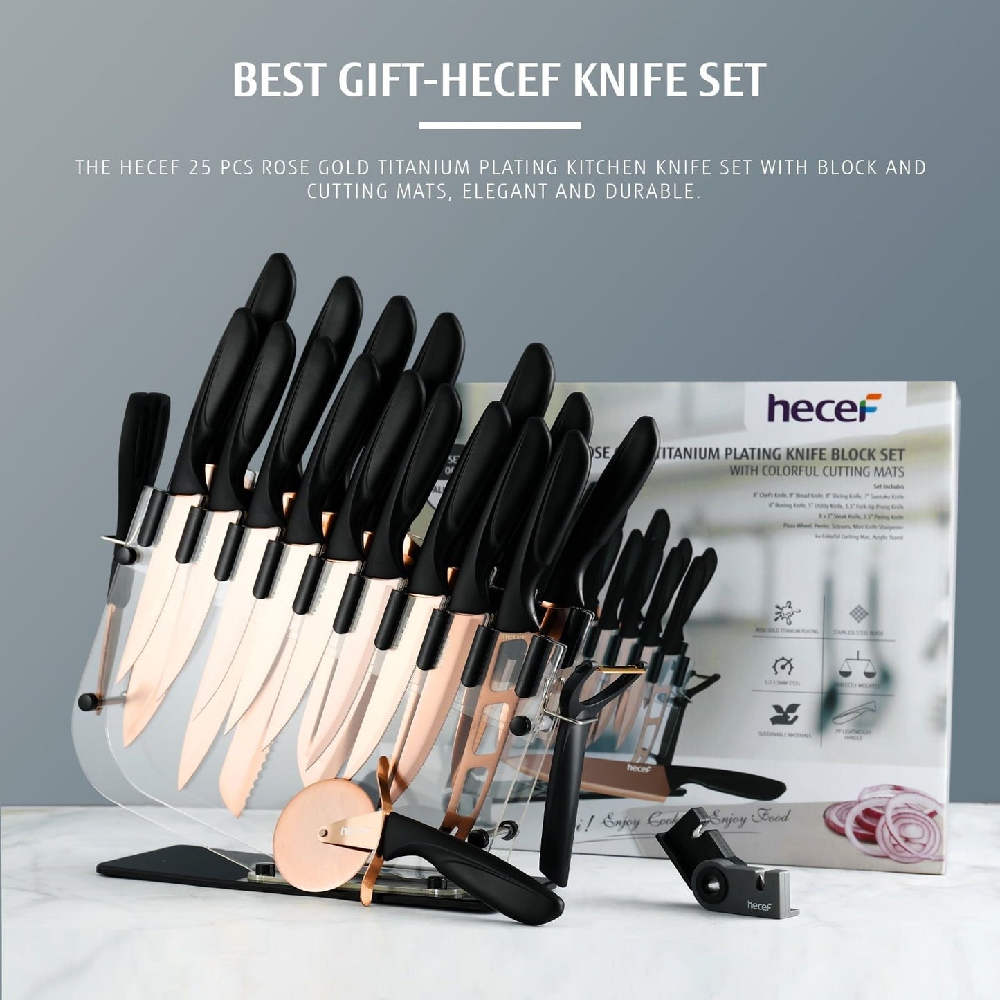 Hecef 25 PCS Kitchen Knife Set with Knife Block, Steak Knives, Cutting Boards, Titanium Plated Anti-Rusting Chef Knife EasyOptionXY LLC