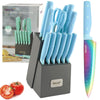 Hecef 14 Pieces Kitchen Knife Set with Wooden Block, Rainbow Titanium Coated Chef Knives with Sharpener, Steak Knife, Scissors EasyOptionXY LLC