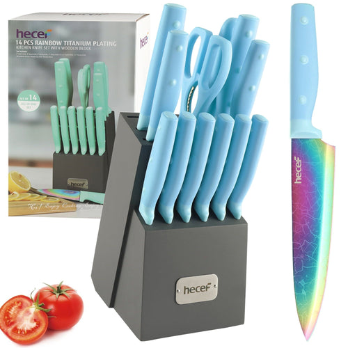 Hecef 14 Pieces Kitchen Knife Set with Wooden Block, Rainbow Titanium Coated Chef Knives with Sharpener, Steak Knife, Scissors EasyOptionXY LLC