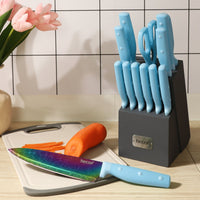 Hecef 14 Pieces Kitchen Knife Set with Wooden Block, Rainbow Titanium Coated Chef Knives with Sharpener, Steak Knife, Scissors EasyOptionXY LLC