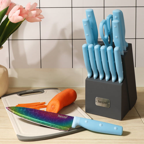 Hecef 14 Pieces Kitchen Knife Set with Wooden Block, Rainbow Titanium Coated Chef Knives with Sharpener, Steak Knife, Scissors EasyOptionXY LLC
