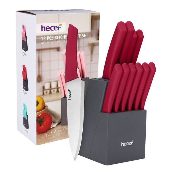 Hecef 12 Pcs Kitchen Knife Set with Wooden Block, Steak Knives, Stainless Steel Essential Chef Knife Set EasyOptionXY LLC