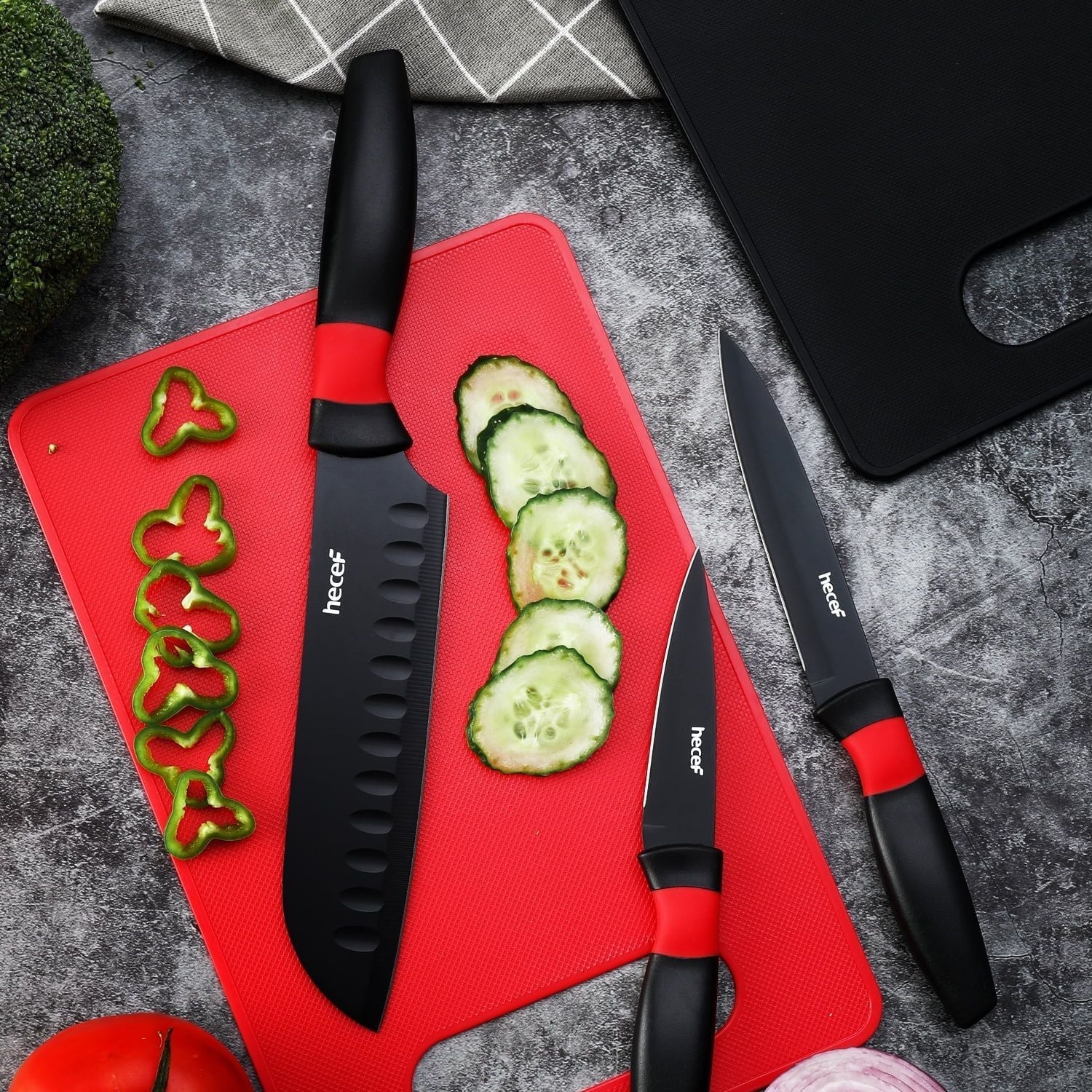 Hecef 8 Pcs Kitchen Knife Set with 2 Cutting Boards Massage Design Handle with Sheaths EasyOptionXY LLC