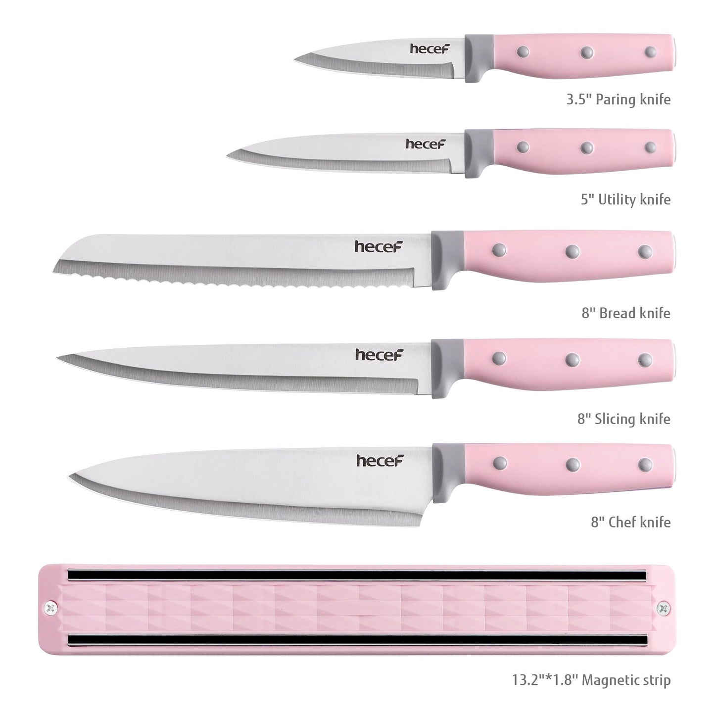Hecef 5Pcs Kitchen Knife Set with 13 in Magnetic Strip, Pink Stainless Steel Sharp Chef Bread Utility Knives EasyOptionXY LLC