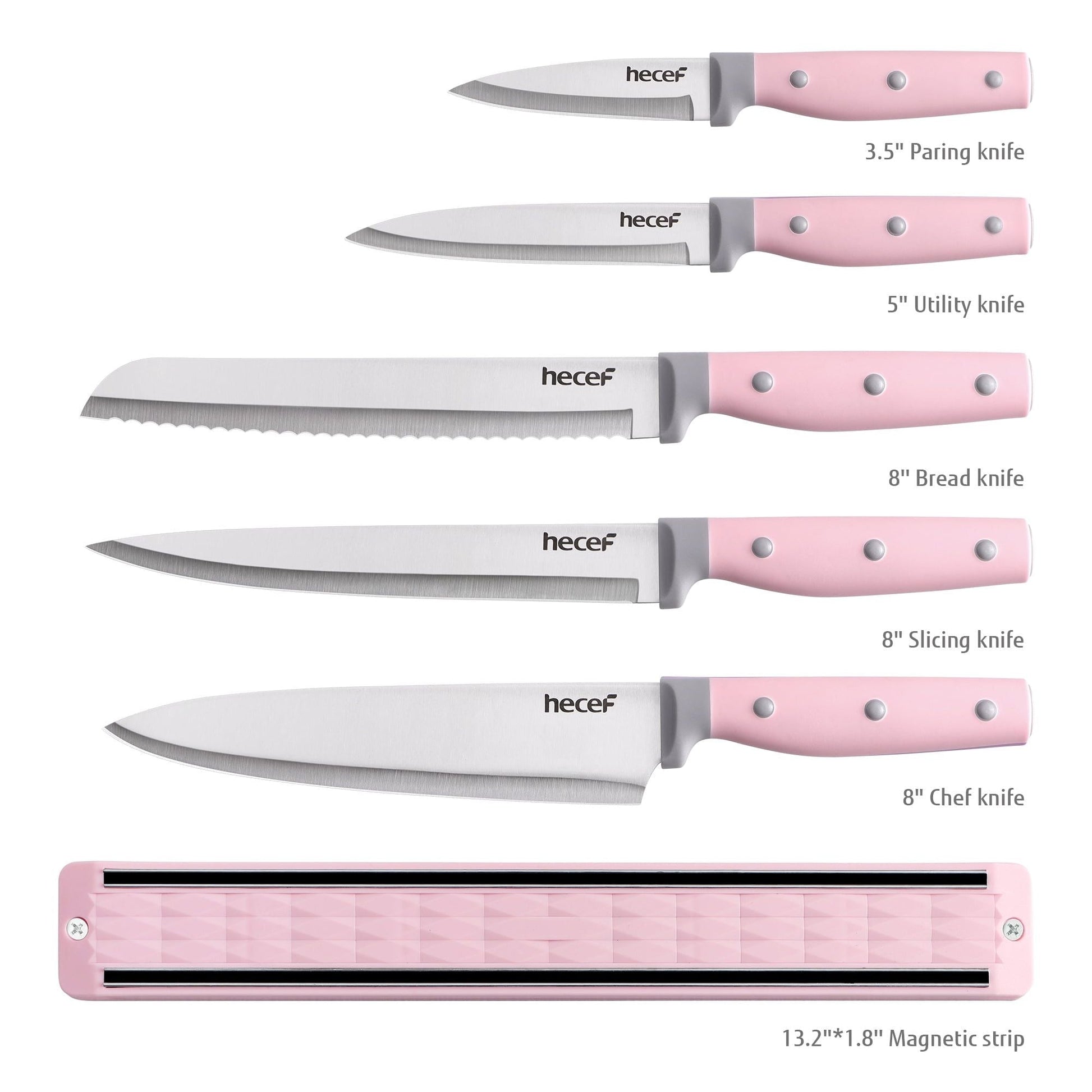 Hecef 5Pcs Kitchen Knife Set with 13 in Magnetic Strip, Pink Stainless Steel Sharp Chef Bread Utility Knives EasyOptionXY LLC