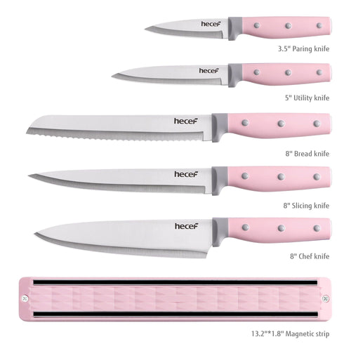 Hecef 5Pcs Kitchen Knife Set with 13 in Magnetic Strip, Pink Stainless Steel Sharp Chef Bread Utility Knives EasyOptionXY LLC