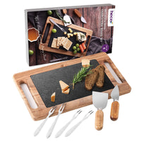 Hecef 12.4in Acacia Wood Charcuterie Serving Tray with Removable Black Slate & Cutlery Set, Cheese Board Set EasyOptionXY LLC