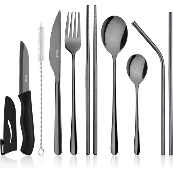 Hecef 11 PCS Portable Silverware Set, Stainless Steel Travel Camping Cutlery Flatware Set with Carrying Case EasyOptionXY LLC