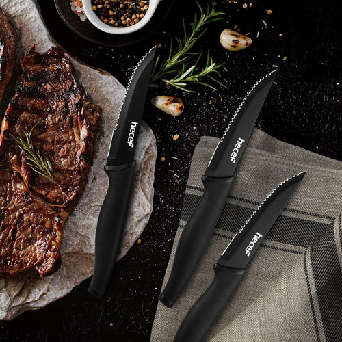Hecef Black Oxide Steak Knife Set of 8, Ultra-Sharp High Carbon Stainless Steel Serrated Knives with PP Handle EasyOptionXY LLC