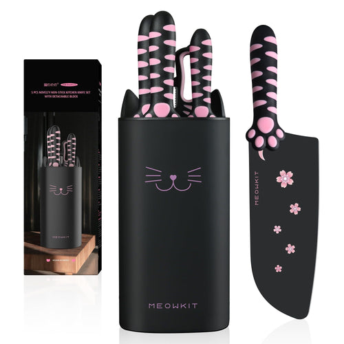 Meowkit 5-Piece Knife Set with Block, High Carbon Steel Extra Sharp Edge with Cat Paw Handle EasyOptionXY LLC