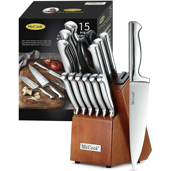 McCook MC29 Knife Sets, 15 Pieces German Stainless Steel Kitchen Knife Block Sets with Built-in Sharpener EasyOptionXY LLC