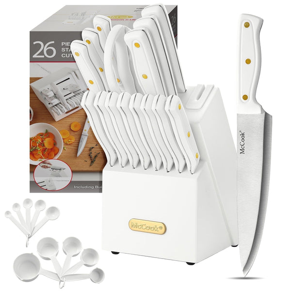 Knife set For Kitchen with Block,McCook MC703 White Kitchen Knife Sets with Built-in Sharpener,Cutlery set with Measuring Cups and Spoons For Cooking,26pcs EasyOptionXY LLC