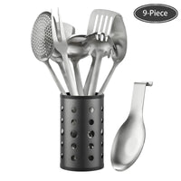McCook Stainless Steel Kitchen Utensil Set- MC60 Cooking Utensils for Kitchen, 9-Piece Kitchen Turner, Serving Spoon, Ladle, Skimmer Spoons, Fork, Pasta Server,Spoon Rest and Holder,Silver EasyOptionXY LLC