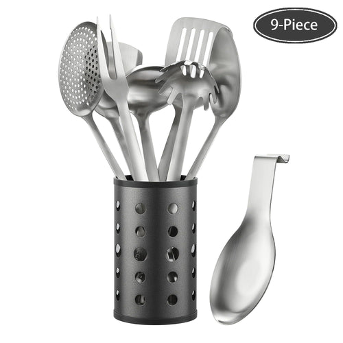 McCook Stainless Steel Kitchen Utensil Set- MC60 Cooking Utensils for Kitchen, 9-Piece Kitchen Turner, Serving Spoon, Ladle, Skimmer Spoons, Fork, Pasta Server,Spoon Rest and Holder,Silver EasyOptionXY LLC