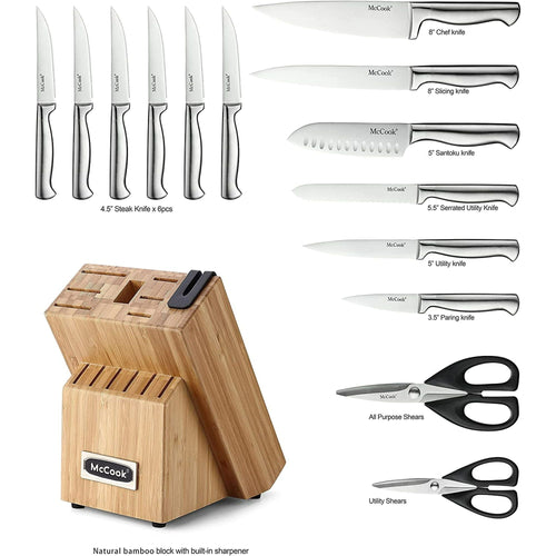 McCook 15-Piece Stainless Steel Knife Set,MC19 Knife Block Set with Built-in Sharpener,Chef Knife for Home EasyOptionXY LLC