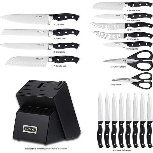 Knife Sets,McCook MC65B 20 Piece German Stainless Steel Forged Kitchen Knife Block Set, Cutlery Set with Black Block EasyOptionXY LLC