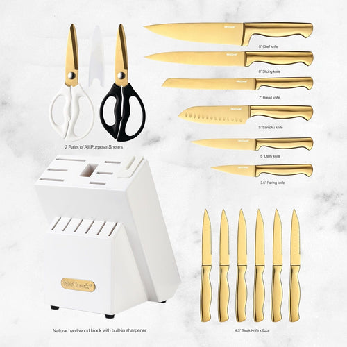 McCook MC21G Knife Sets,15 Pieces Golden Titanium Kitchen Knife Block Sets with Built-in Sharpener EasyOptionXY LLC
