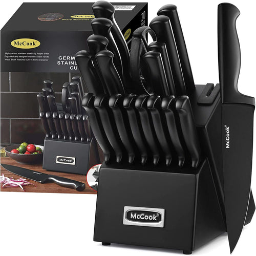 McCook MC69C Knife Block Set,20 Pieces German Stainless Steel Professional Kitchen Knife Set with Built-in Sharpener,Black Knife Set With Block EasyOptionXY LLC