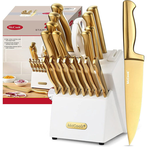 McCook Gold Kitchen Knife Sets,20 Pieces Luxury Golden Titanium Knife Block Set with Built-in Sharpener EasyOptionXY LLC