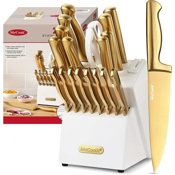 McCook Gold Kitchen Knife Sets,20 Pieces Luxury Golden Titanium Knife Block Set with Built-in Sharpener EasyOptionXY LLC