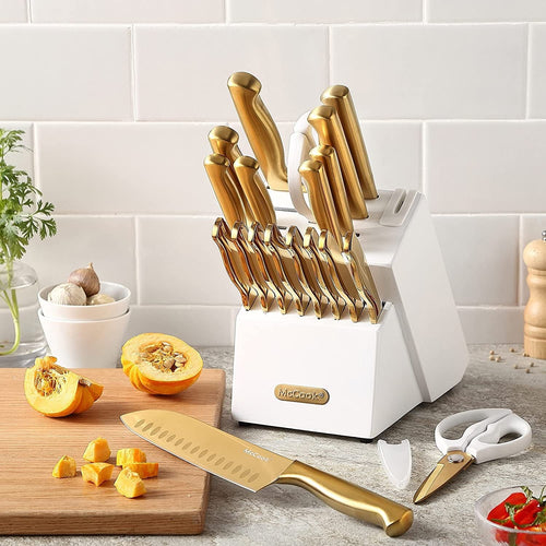 McCook Gold Kitchen Knife Sets,20 Pieces Luxury Golden Titanium Knife Block Set with Built-in Sharpener EasyOptionXY LLC