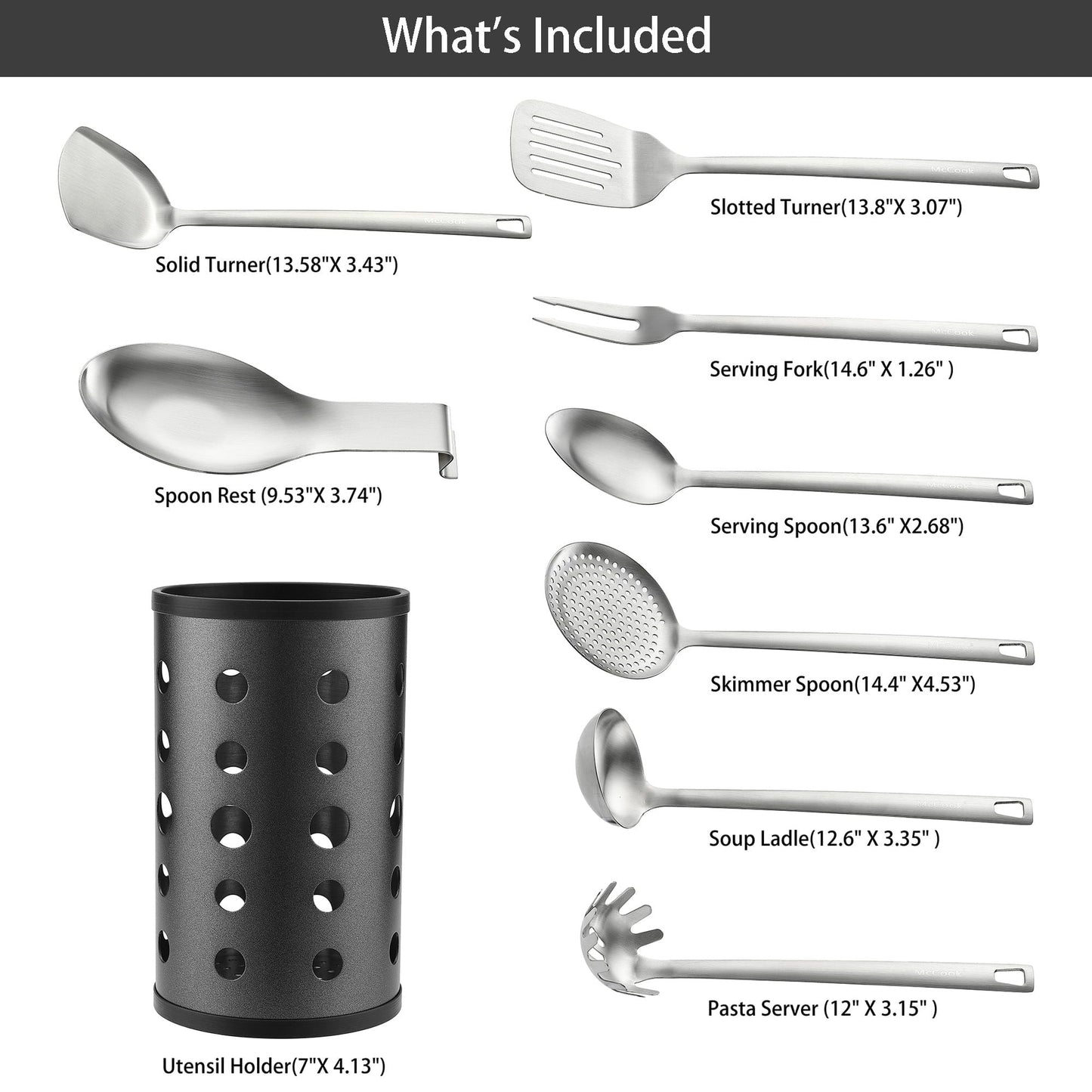 (3 pack) McCook Stainless Steel Kitchen Utensil Set- MC60 Cooking Utensils for Kitchen, 9-Piece Kitchen Turner, Serving Spoon, Ladle, Skimmer Spoons, Fork, Pasta Server,Spoon Rest and Holder,Silver