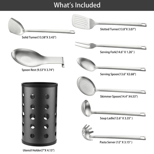 (3 pack) McCook Stainless Steel Kitchen Utensil Set- MC60 Cooking Utensils for Kitchen, 9-Piece Kitchen Turner, Serving Spoon, Ladle, Skimmer Spoons, Fork, Pasta Server,Spoon Rest and Holder,Silver EasyOptionXY LLC