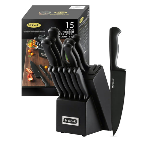 McCook MC21B Black Knife Set, 15 PCS High Carbon One Piece Forged Stainless Steel Kitchen Knife Set, Knife Set with Block and Built-in Sharpener ,6 Pcs Steak Knives EasyOptionXY LLC