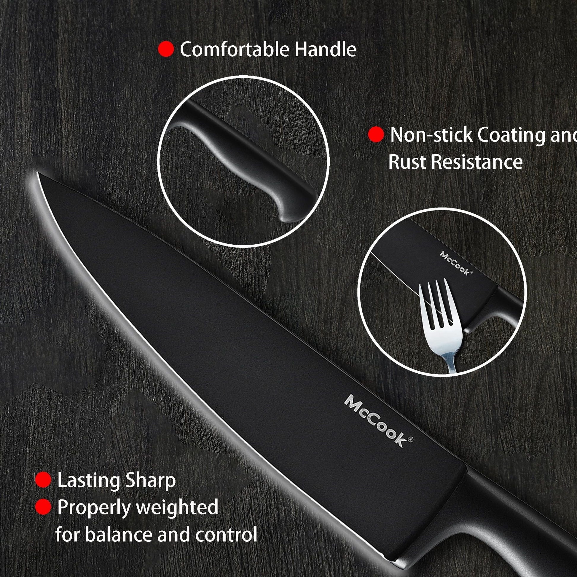 McCook MC21B Black Knife Set, 15 PCS High Carbon One Piece Forged Stainless Steel Kitchen Knife Set, Knife Set with Block and Built-in Sharpener ,6 Pcs Steak Knives EasyOptionXY LLC