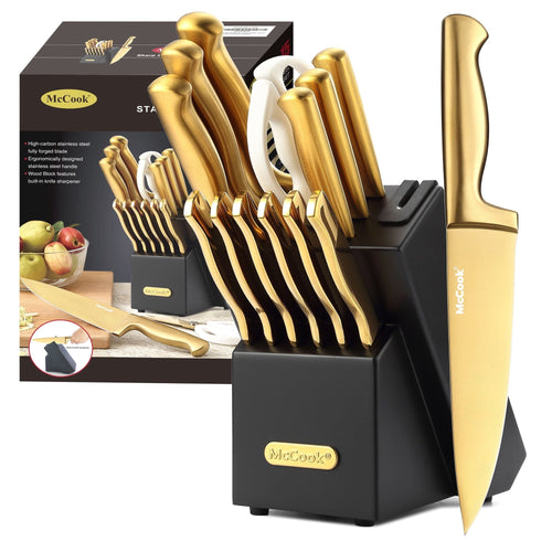 McCook MC21GB Kitchen Knife Sets,15 Pieces Luxury Golden Titanium Knife Sets with Block and Built-in Sharpener,Stainless Steel EasyOptionXY LLC
