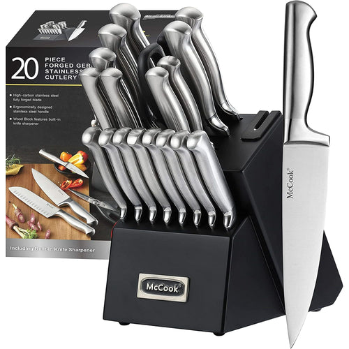 McCook MC69B Knife Sets,20 Pieces German Stainless Kitchen Knife Set with Built-in Sharpener,One Piece Design Knife Set with Block, Black EasyOptionXY LLC