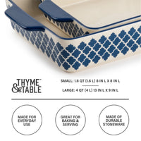 Thyme & Table Stoneware Square & Rectangular Baker, Blue Pattern, 2-Piece Set EasyOptionXY LLC