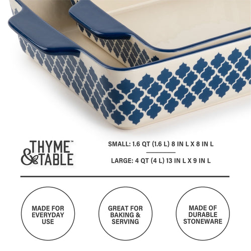 Thyme & Table Stoneware Square & Rectangular Baker, Blue Pattern, 2-Piece Set EasyOptionXY LLC