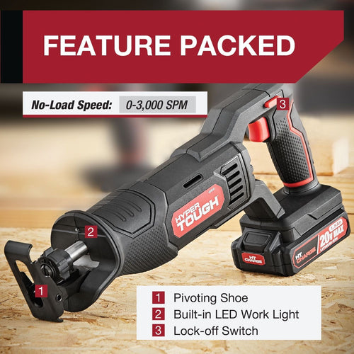 Hyper Tough 20V Max Lithium-ion Cordless Reciprocating Saw, Variable Speed, Keyless Blade Change, with 1.5Ah Lithium-Ion Battery and Charger, Wood Blade and LED Light, New Condition EasyOptionXY LLC